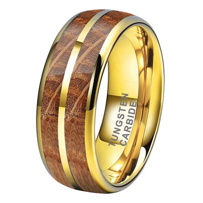 Whisky Barrel Wood Inlay Gold Plated Tungsten Ring