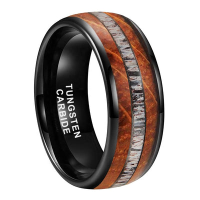 Whisky Wood Deer Antler Inlay Black Tungsten Ring