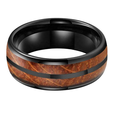 Whisky Barrel Wood Inlay Black Tungsten Ring