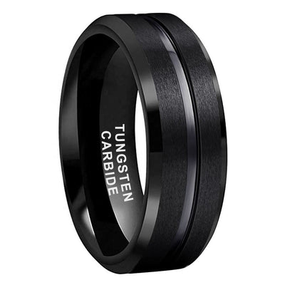 Grooved Beveled Edges Black Tungsten Carbide Ring