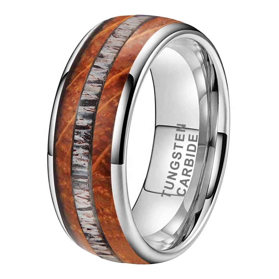 Whisky Wood Deer Antler Inlay Tungsten Ring