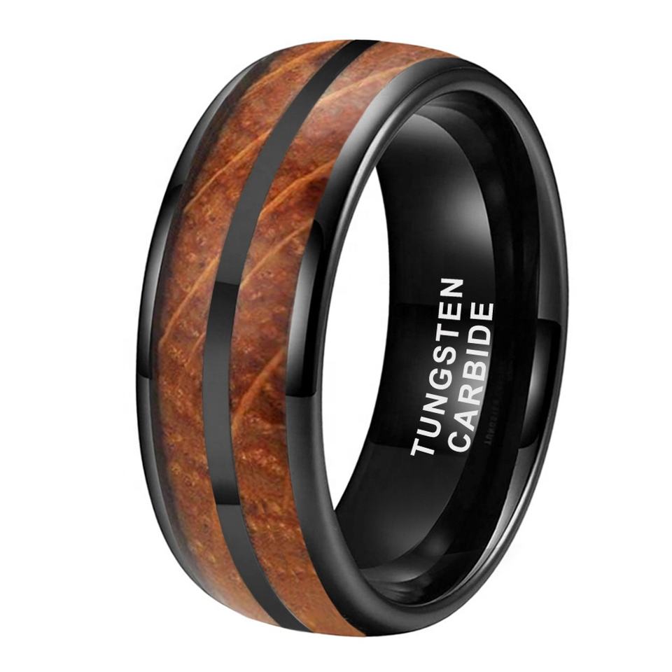 Whisky Barrel Wood Inlay Black Tungsten Ring