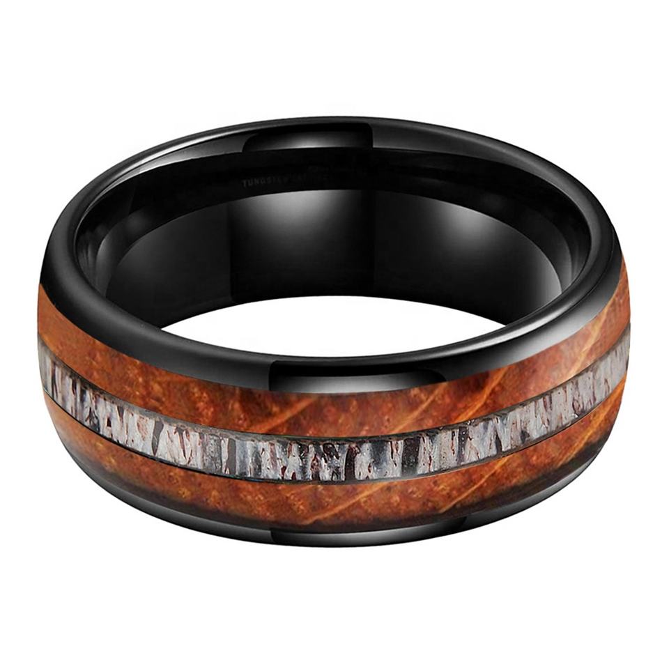 Whisky Wood Deer Antler Inlay Black Tungsten Ring