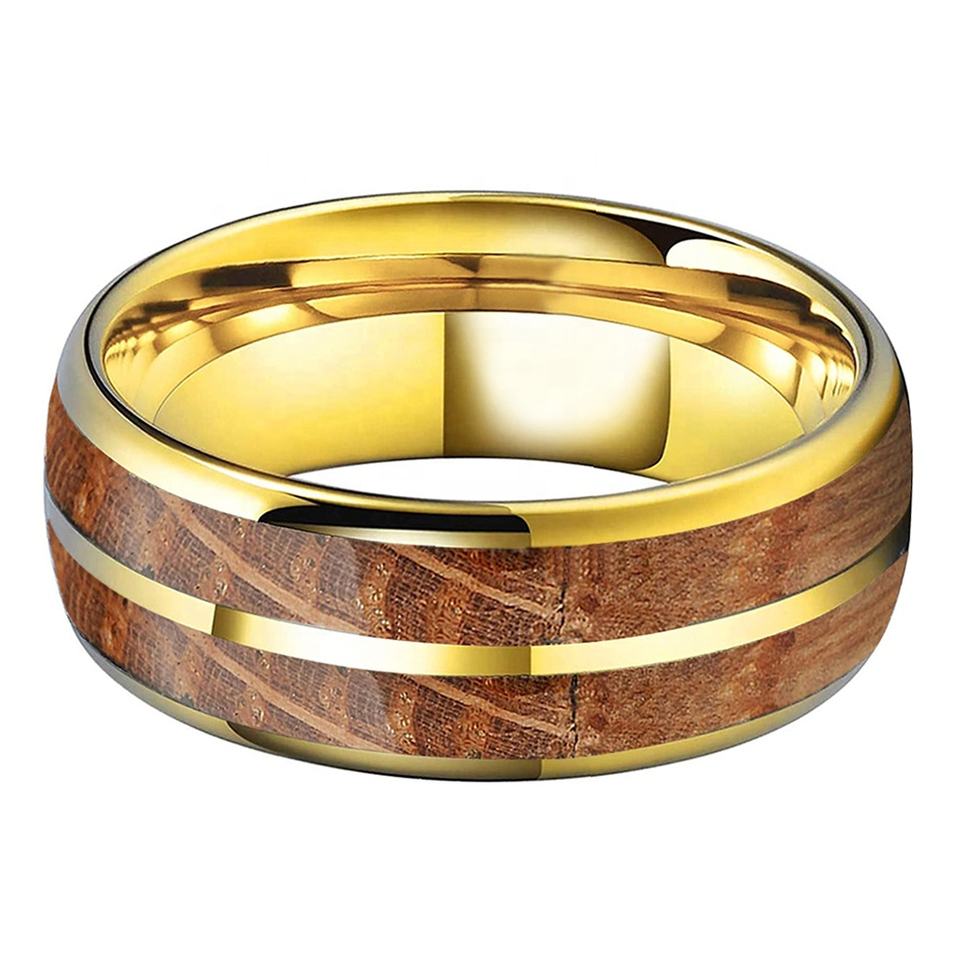 Whisky Barrel Wood Inlay Gold Plated Tungsten Ring