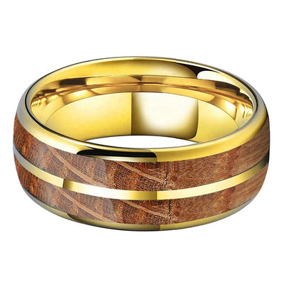 Whisky Barrel Wood Inlay Gold Plated Tungsten Ring