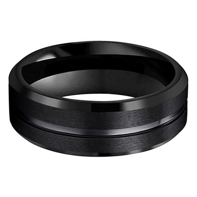 Grooved Beveled Edges Black Tungsten Carbide Ring