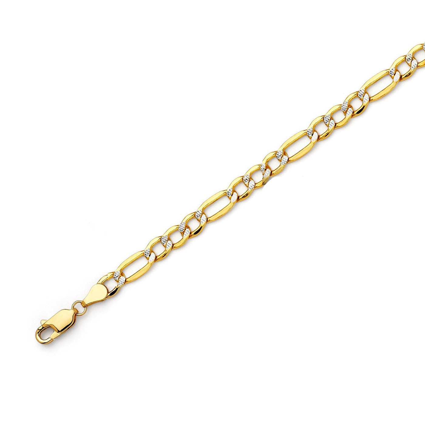 14K Gold Figaro White Pave Bracelet 7.6 mm